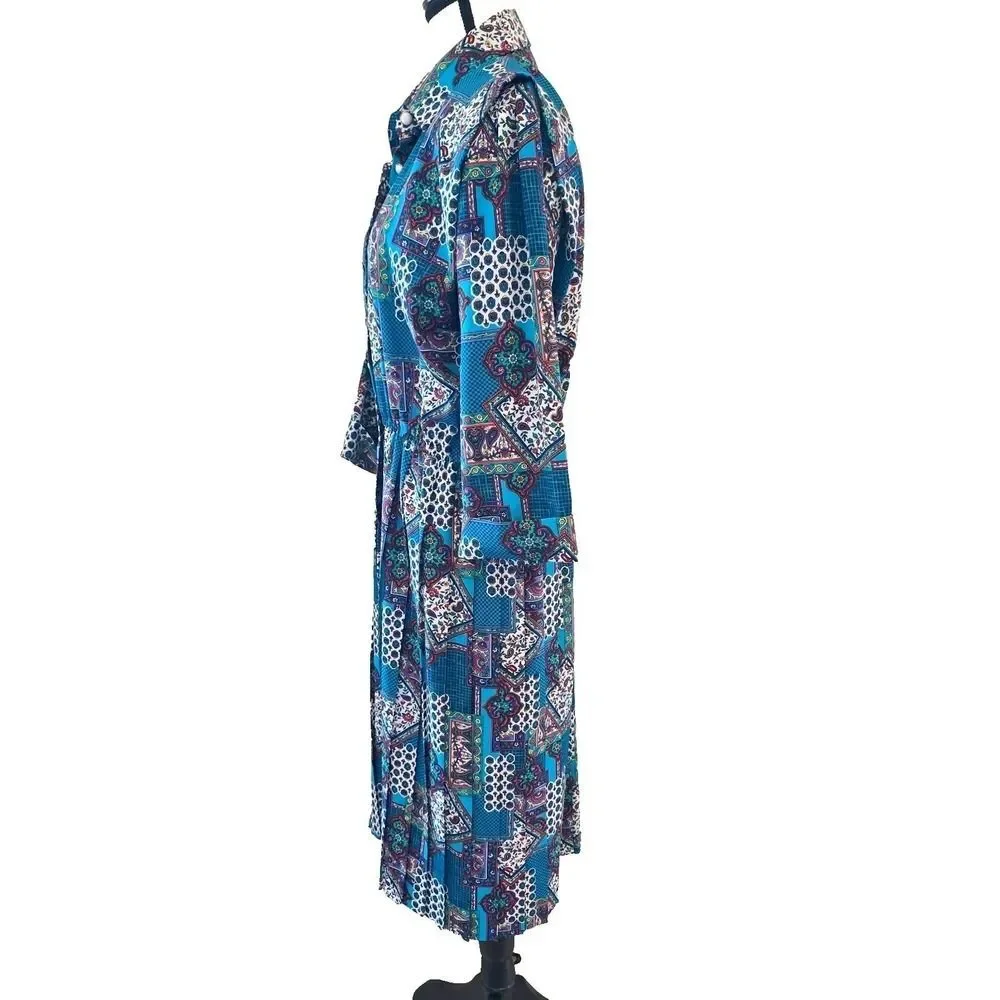 Vintage 80s Schrader Petite Dress Womens 14P Paisley Patchwork Shirtdress Midi